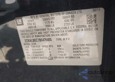 2011 Chevrolet Equinox Ls из США, поврежденный, VIN 2CNALBEC7B6476455